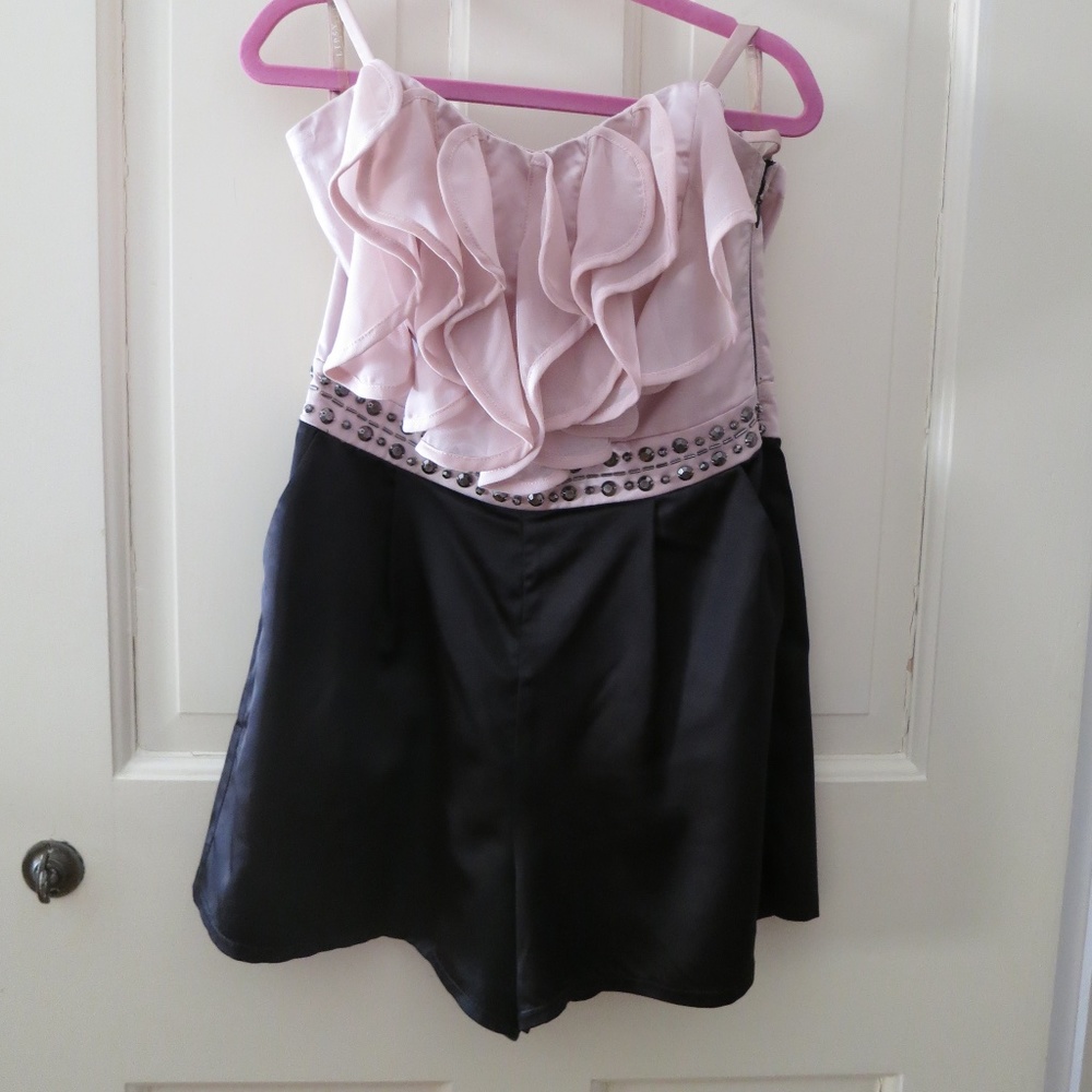 Lipsy London Satin Pink Ruffle Romper with Studded Belted Details XXS
